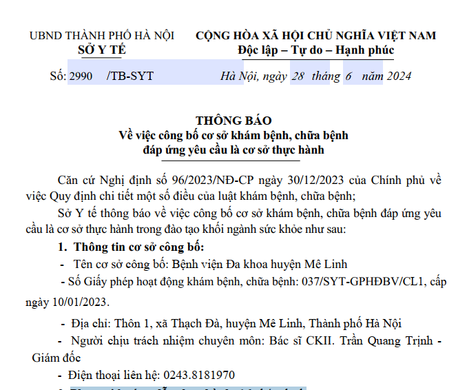 THÔNG BÁO: Về việc công bố cơ sở khám, chữa bệnh đáp ứng yêu cầu là cơ sở thực hành